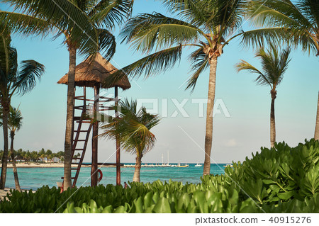 View at luxury resort hotel beach of tropical coast. Place of lifeguard. Leaves of coconut palms View at luxury resort hotel beach of tropical coast. Place of lifeguard. Leaves of coconut palms 40915276
