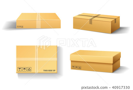 Realistic empty cardboard box Opened. Brown delivery. Carton package with fragile sign on 40917330
