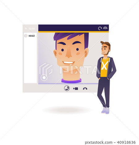 Video call chat conference concept with young man converse with another guy using big computer or Video call chat conference concept with young man converse with another guy using big computer or 40918636