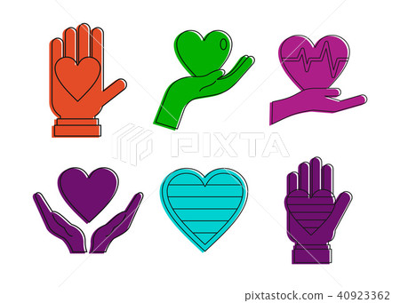 Heart in hand icon set, color outline style 40923362