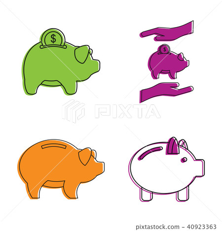 Piggy bank icon set, color outline style 40923363