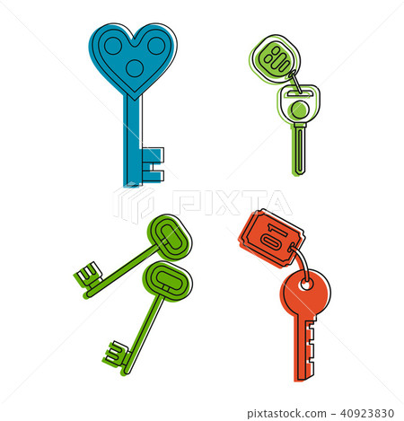 Room key icon set, color outline style Room key icon set, color outline style 40923830