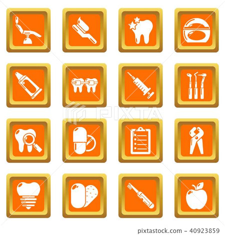 Stomatology dental icons set orange square vector Stomatology dental icons set orange square vector 40923859