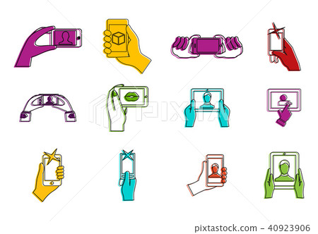 Smartphone in hand icon set, color outline style - Stock Illustration ...