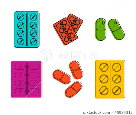 Pills icon set, color outline style Pills icon set, color outline style 40924312