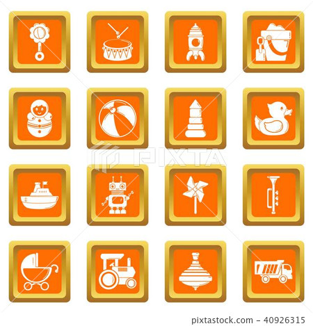 Kids toys icons set orange square vector 40926315