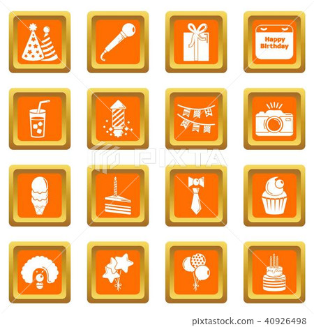 Happy birthday icons set orange square vector 40926498