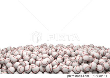 3d rendering of a huge heap of white baseballs with red stitching on a white background. 40930451