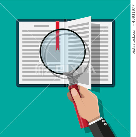 Open book and hand with magnifying glass Open book and hand with magnifying glass 40931977