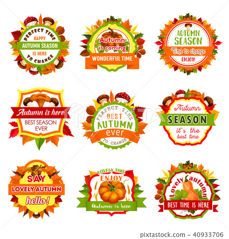 Autumn nature badge set with leaf and pumpkin 40933706