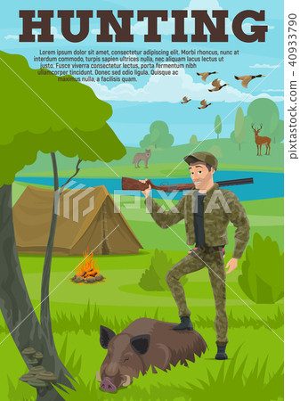 Hunting sport banner with hunter, animal and bird 40933790