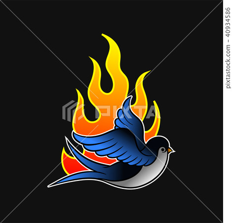 Flying swallow bird and hot flame. Old-school tattoo design. Vector design for sticker, promo poster 40934586