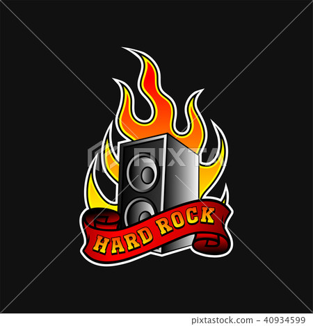 Subwoofer in hot orange flame and red ribbon with text Hard Rock . Music theme. Vector element for 40934599