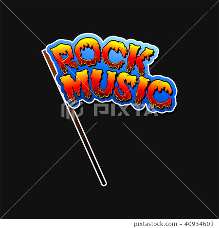 Blue flag with text Rock Music from hot lava font. Vector element for sticker or promo poster of 40934601