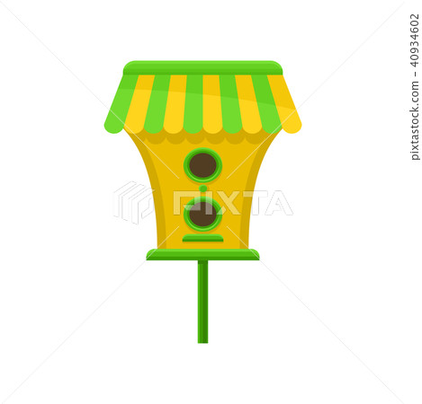 Birdhouse with green-yellow roof. Cute nesting box on stand. Small house for birds. Flat vector 40934602