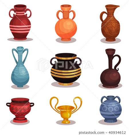 Flat vector set of various amphoras. Ancient Greek or Roman pottery for wine or oil. Old clay jugs Flat vector set of various amphoras. Ancient Greek or Roman pottery for wine or oil. Old clay jugs 40934612