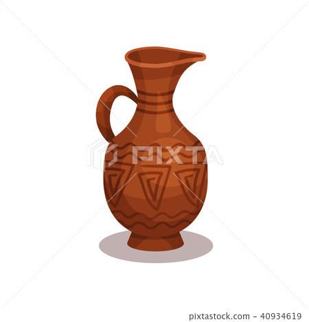 Flat vector icon of old clay jug with traditional ornament. Ancient ceramic amphora with handle and 40934619