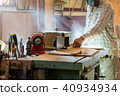 Carpenter tools on wooden table with sawdust. Circular Saw. Cutting a wooden plank 40934934