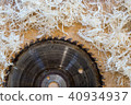 Carpenter tools on wooden table with sawdust. Circular Saw. Cutting a wooden plank 40934937
