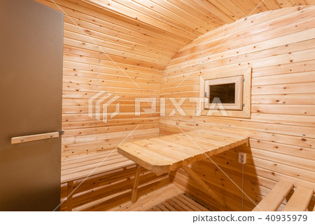interior of sauna. rural mobile wooden bath in the form of a barrel in a pine forest 40935979