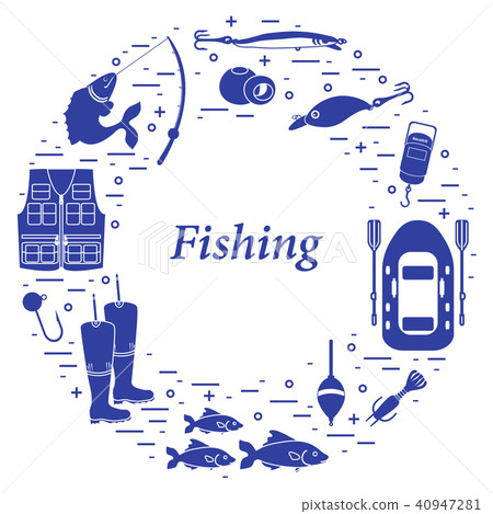 Different tools for fishing arranged in a circle 40947281