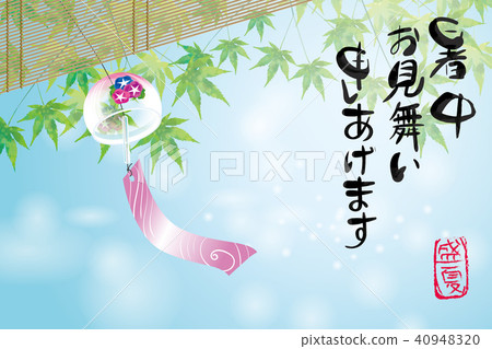 Hotemaka Omihai明信片設計（水平/刷子字符）|風景與牽牛花的風鈴與神社和楓|夏天圖像 40948320
