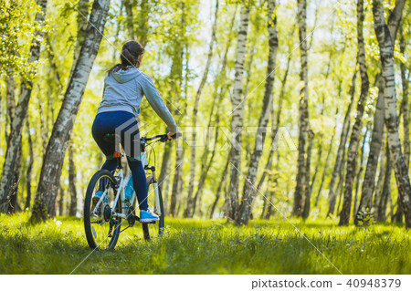 cyclist riding mountain bike in the birch forest cyclist riding mountain bike in the birch forest 40948379