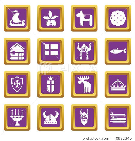 Sweden travel icons set purple square vector 40952340