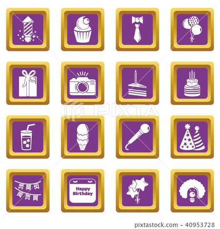 Happy birthday icons set purple square vector 40953728