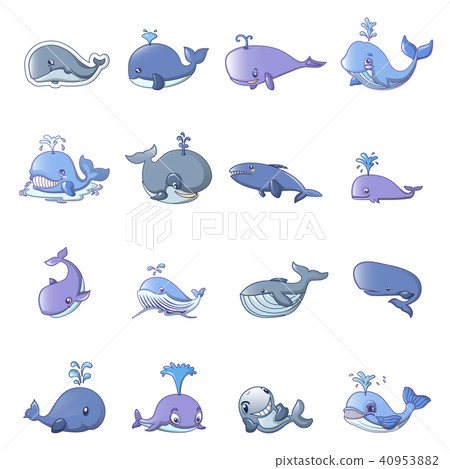 Whale blue tale fish icons set, cartoon style 40953882