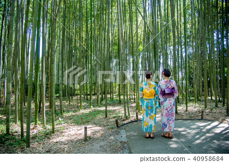 京都Sagano走在竹森林人行道的兩名婦女的yukata 40958684