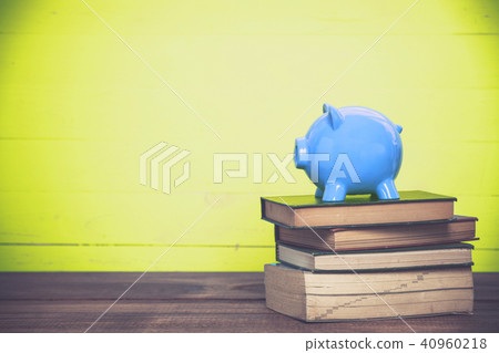 Blue piggy bank and books. Blue piggy bank and books. 40960218
