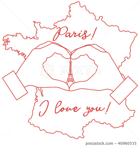 Hand making a heart shape Tower, symbol of Paris. 40960535