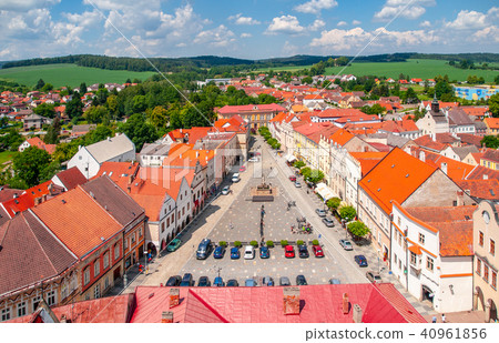 Aerial view of Peace Town Square from bell tower in Slavonice, Czech Canada, Czechia 40961856