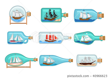 Flat vector set of glass bottles with ships inside. Sailing crafts. Miniature models of marine 40966623