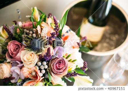 wedding bouquet boutonniere bottle of champagne 40967151