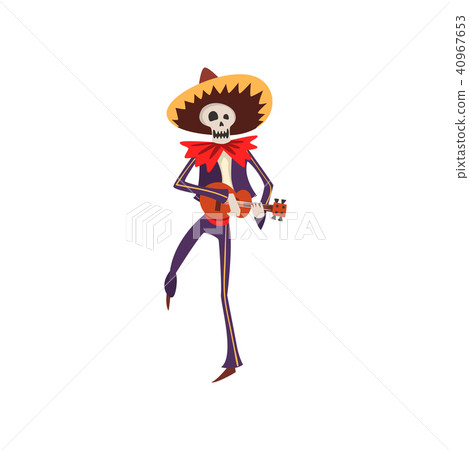 Skeleton in Mexican national costume dancing with uculele in his hands, Dia de Muertos, Day of the 40967653