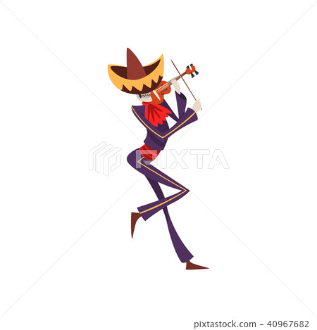 Skeleton in Mexican national costume dancing with violin, Dia de Muertos, Day of the Dead vector 40967682
