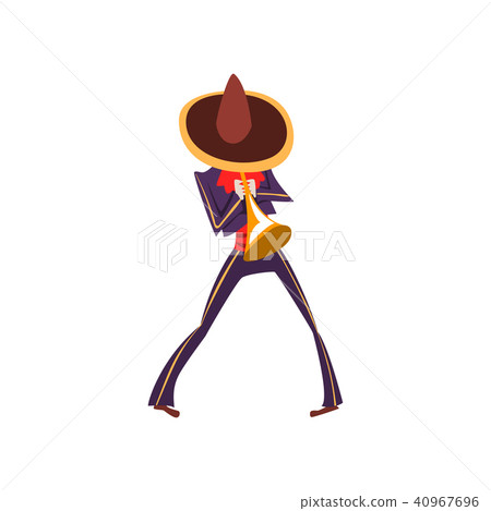 Man in Mexican national costume playing trumpet, Dia de Muertos, Day of the Dead vector Illustration 40967696