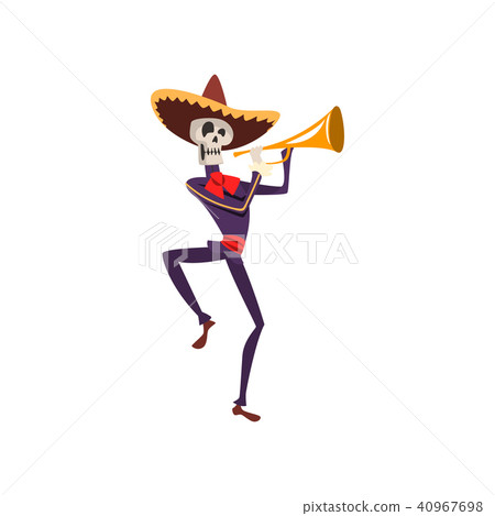 Skeleton in Mexican traditional costume and hat dancing with trumpet, Dia de Muertos, Day of the 40967698