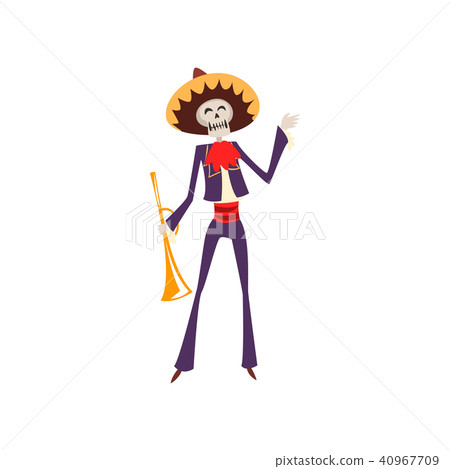 Skeleton in Mexican traditional costume and hat with trumpet, Dia de Muertos, Day of the Dead vector 40967709