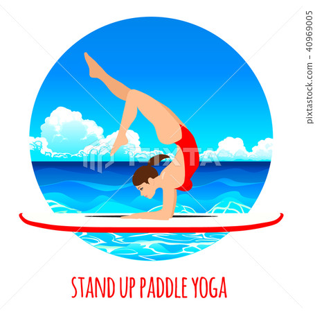 Woman practicing SUP yoga on a paddle board in the sea ocean Vector illustration. Sea background 40969005