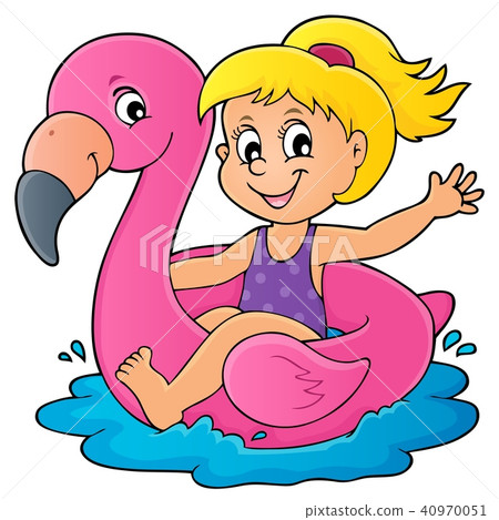 Girl floating on inflatable flamingo 1 Girl floating on inflatable flamingo 1 40970051