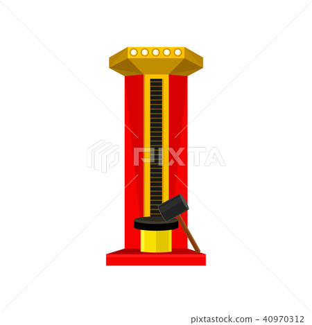 Strength tester or strongman game machine. High striker attraction with big hammer. Flat vector 40970312