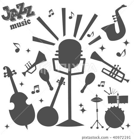 Jazz musical instruments tools silhouette icons jazzband piano saxophone music sound vector 40972191