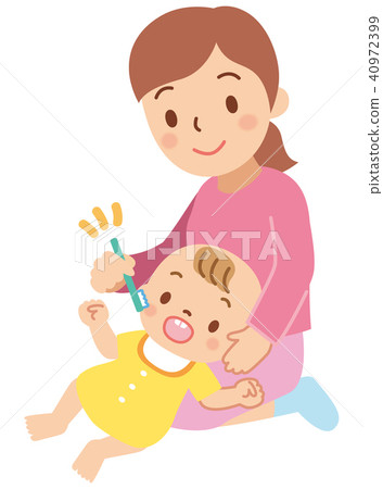 A mother who has a baby finishing toothpaste A mother who has a baby finishing toothpaste 40972399