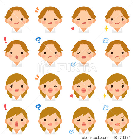 年輕的棕色工人夫婦女性西裝臉表達可愛的小圖標集 年輕的棕色工人夫婦女性西裝臉表達可愛的小圖標集 40973355