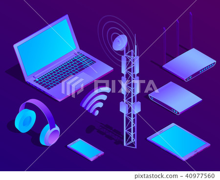 Vector 3d isometric laptop, router with wi-fi Vector 3d isometric laptop, router with wi-fi 40977560