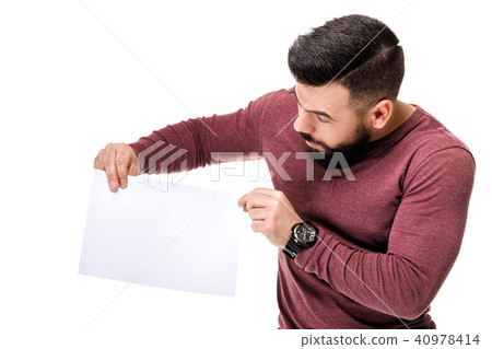 bearded man holding white card. empty bearded man holding white card. empty 40978414