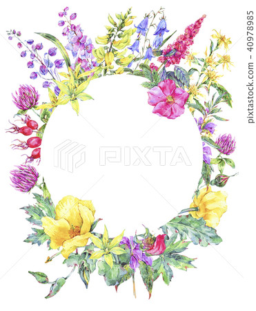 Watercolor summer medicinal floral round frame,... - Stock Illustration ...